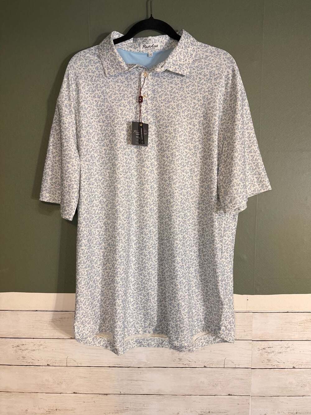 Pins & Aces Mens 2XL Blue White Floral Leaf Performance Golf Polo Shirt NWT